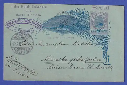 Brasilien 1897 Ganzsache 80 Reis von PERNAMBUCO nach Münster/Westfalen