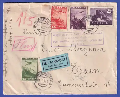 Österreich 1938 Flugpostbrief von Waidhofen / Thaya nach Essen mit Umleitungs-O