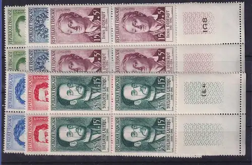 Frankreich 1958 Persönlichkeiten Mi.-Nr. 1202-1207, Unterrandviererblocks **