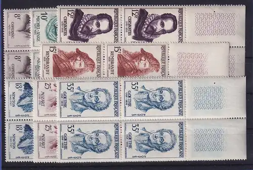 Frankreich 1957 Persönlichkeiten  Mi.-Nr. 1167-1173 in Oberrandviererblocks **