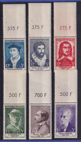Frankreich 1956 Persönlichkeiten Mi.-Nr. 1094-1099 Oberrandstücke postfrisch **