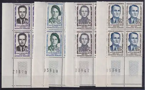 Frankreich 1958 Widerstandskämpfer Mi.-Nr. 1193-1196 Eckrandviererblocks UL **