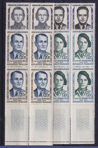 Frankreich 1958 Widerstandskämpfer Mi.-Nr. 1193-1196 Unterrandviererblocks **
