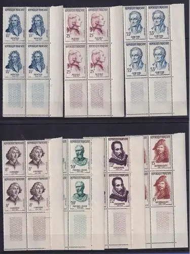 Frankreich 1957 Persönlichkeiten  Mi.-Nr. 1167-1173 Unterrandviererblocks **