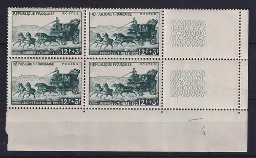Frankreich 1952 Tag der Briefmarke Mi.-Nr. 937 Eckrandviererblock UR **