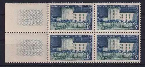 Frankreich 1954 Schloss Villandry Mi.-Nr. 1021 li. Seitenrandviererblock **