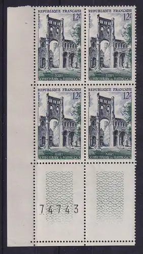 Frankreich 1954 Abtei Jumièges Mi.-Nr. 1011 Eckrandviererblock UL **