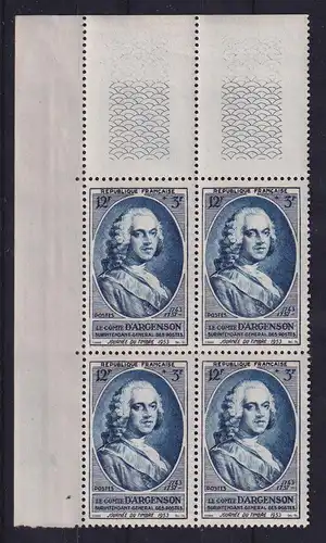 Frankreich 1953 Tag der Briefmarke Mi.-Nr. 958 Eckrandviererblock OL **
