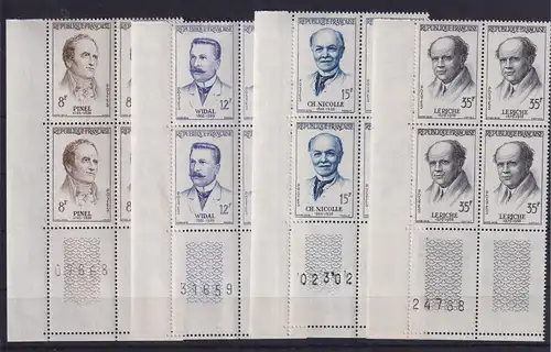 Frankreich 1958 Mediziner Mi.-Nr. 1178-1181 Eckrandviererblocks UL **