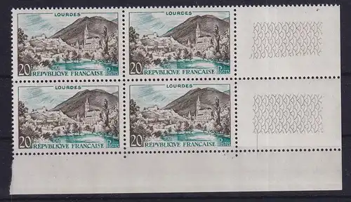 Frankreich 1958 Lourdes Mi.-Nr. 1186 Eckrandviererblock UR postfrisch **
