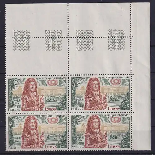 Frankreich 1970 Ludwig XIV. Mi.-Nr. 1727 Eckrandviererblock OR postfrisch **