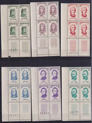 Frankreich 1956 Persönlichkeiten Mi.-Nr. 1110-1115 Eckrandviererblocks UL **