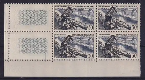 Frankreich 1956 Hafen Straßburg Mi.-Nr. 1108 Eckrandviererblock UL postfrisch **