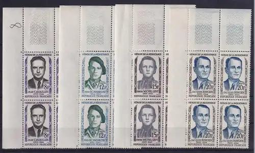 Frankreich 1958 Widerstandskämpfer Mi.-Nr. 1193-1196 Eckrandviererblocks OL **