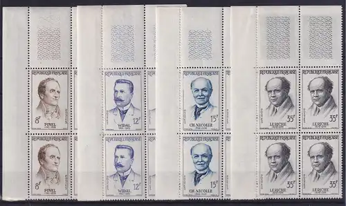 Frankreich 1958 Mediziner Mi.-Nr. 1178-1181 Eckrandviererblocks OL **