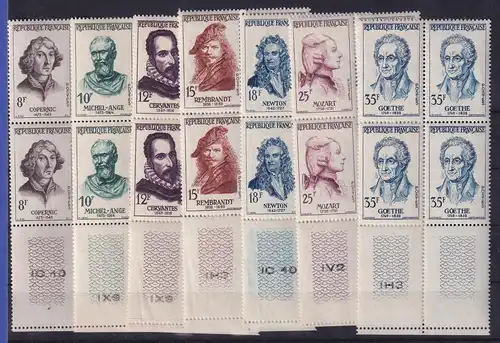 Frankreich 1957 Persönlichkeiten Mi.-Nr. 1167-1173 Unterrandviererblocks **