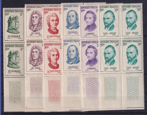 Frankreich 1956 Persönlichkeiten Mi.-Nr. 1110-1115 Unterrandviererblocks **