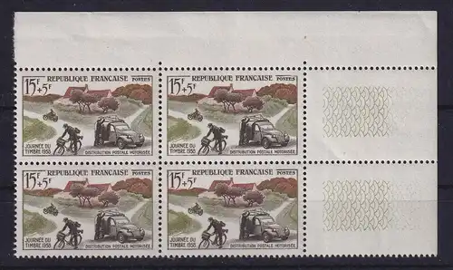 Frankreich 1958 Tag der Briefmarke Mi.-Nr. 1187 Eckrandviererblock OR **