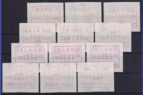 Kleine Sammlung Island-ATM komplett, je ein Satz 3 Werte von den Aut.-Nr. 01-04 
