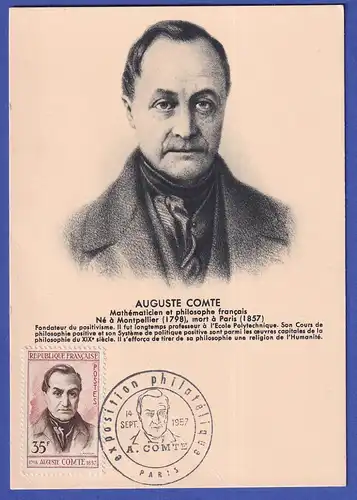 Frankreich 1957 Maximumkarte mit Mi.-Nr. 1156 Auguste Comte Philosoph 