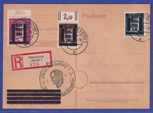Lokalausgaben Glauchau 1945 Mi.-Nr. 1, 3 und 15 auf R-Postkarte nach Zwickau