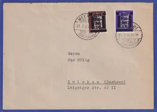 Lokalausgaben Glauchau 1945 Mi.-Nr. 2 und 5 auf Brief von Meerane nach Zwickau