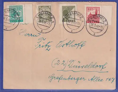 Lokalausgaben Plauen 1946 Mi-Nr. 1-4 auf Brief von Chemnitz nach Düsseldorf