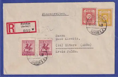 Lokalausgaben Plauen 1946 Mi.-Nr. 5 als MiF auf R-Brief nach Elters (Rhön) 