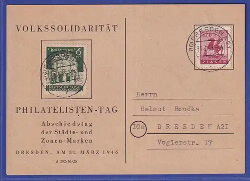 Lokalausgaben Plauen 1946 Mi-Nr. 5 auf Gedenk-Postkarte Dresden 31.3.1946