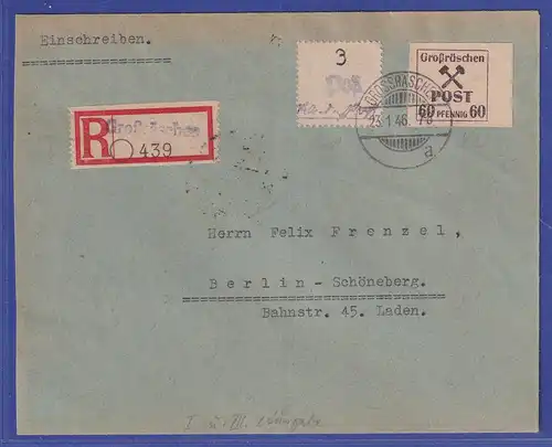Lokalausgaben Großräschen 1946 Mi-Nr. 1 und 42 gestempelt auf R-Brief