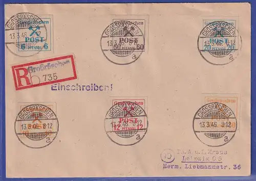 Lokalausgaben Großräschen 1946 Mi-Nr. 34, 36, 37, 38, 40, 42 auf R-Brief 