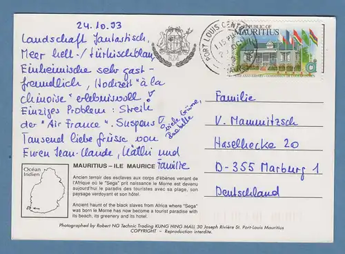 Mauritius 1993 Postkarte mit Sondermarken-Frankatur gel. von Port Louis nach D