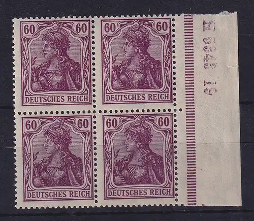 Dt. Reich Germania Kriegsdruck 60 Pf Mi.-Nr. 92 II b Randviererblock mit HAN **