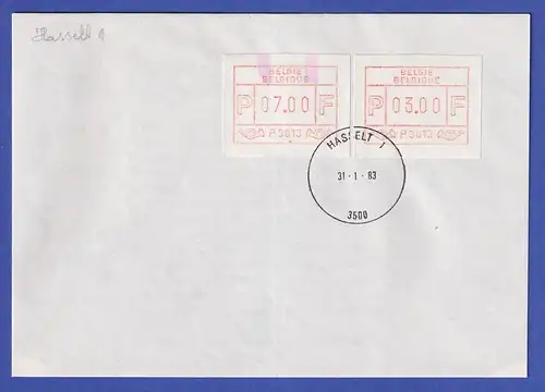 Belgien FRAMA-ATM P3013 mit zwei beginnenden ENDSTREIFEN auf FDC HASSELT 31.1.83