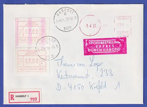 Belgien FRAMA-ATM P3013 ENDSTREIFEN-Anfang über 2 ATM  auf R-Express-Brief