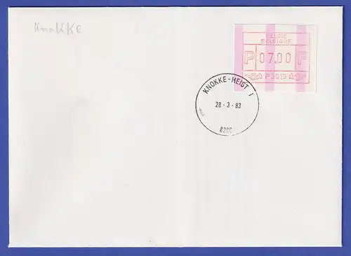 Belgien FRAMA-ATM P3015 mit drei ENDSTREIFEN auf FDC Knokke-Heist 28.3.83