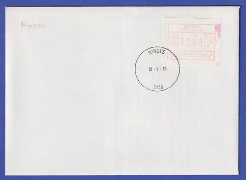 Belgien FRAMA-ATM P3022 mit ENDSTREIFEN-Flecken  auf FDC NINOVE  31.1.83