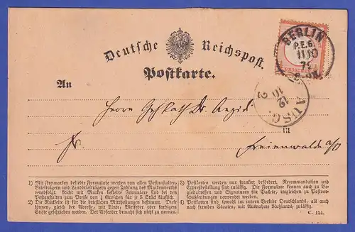 Deutsches Reich kl. Brustschild 1/2 Gr Mi.-Nr. 3, EF auf Postkarte aus BERLIN