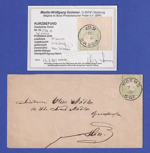 Deutsches Reich gr. Brustschild 1 Kr Mi.-Nr. 23 a auf Brief aus WORMS, KB SOMMER