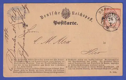 Deutsches Reich kl. Brustschild 1/2 Gr Mi.-Nr. 3 auf Postkarte aus DRESDEN