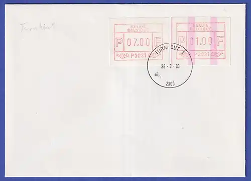 Belgien FRAMA-ATM P3031 mit ENDSTREIFEN auf FDC TURNHOUT 1  28.3.83