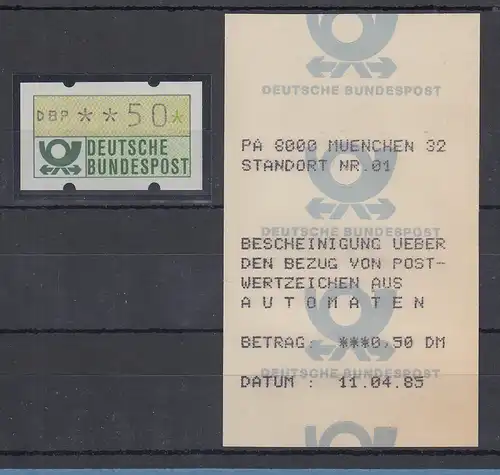 ATM 50Pfg mit rückseitig bedruckter Posthorn-Quittung MÜNCHEN 32, 11.4.85