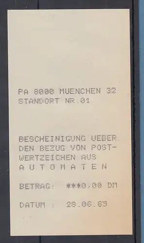 Automatenquittung 0,00 DM aus MWZD Standort MÜNCHEN 32 vom 28.6.85