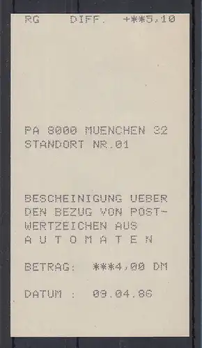 Automatenquittung 4,00 DM aus MWZD MÜNCHEN 32 oben mit Abrechnungs-Zeile SELTEN