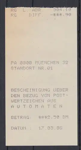 Automatenquittung 2,50 DM aus MWZD MÜNCHEN 32 oben mit Abrechnungs-Zeilen SELTEN