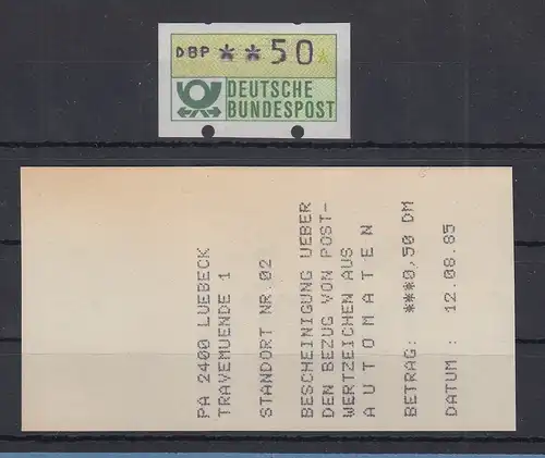 ATM 50Pfg teils verschwommener Werteindruck mit AQ LÜBECK-TRAV. 12.8.85