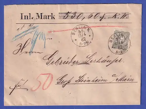 Dt. Reich 50 Pfennig Mi.-Nr. 44 PF V als EF auf Wertbrief aus BERLIN