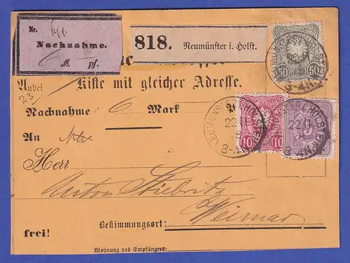 Deutsches Reich 5,10, 50 Pfennige Mi.-Nr. 32, 33, 36 als MiF auf Nachnahmekarte