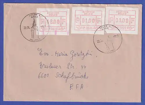 Belgien FRAMA-ATM P3035 mit ENDSTREIFEN-Ende auf Brief ARLON 1 vom 20.4.1983
