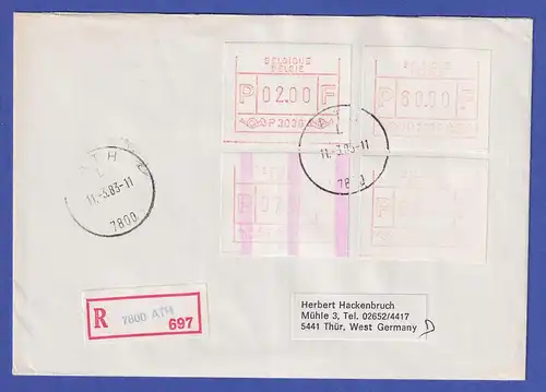 Belgien FRAMA-ATM P3036 mit ENDSTREIFEN auf R-Brief ATH vom 11.3.1983